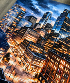 Cityscape at night with illuminated buildings