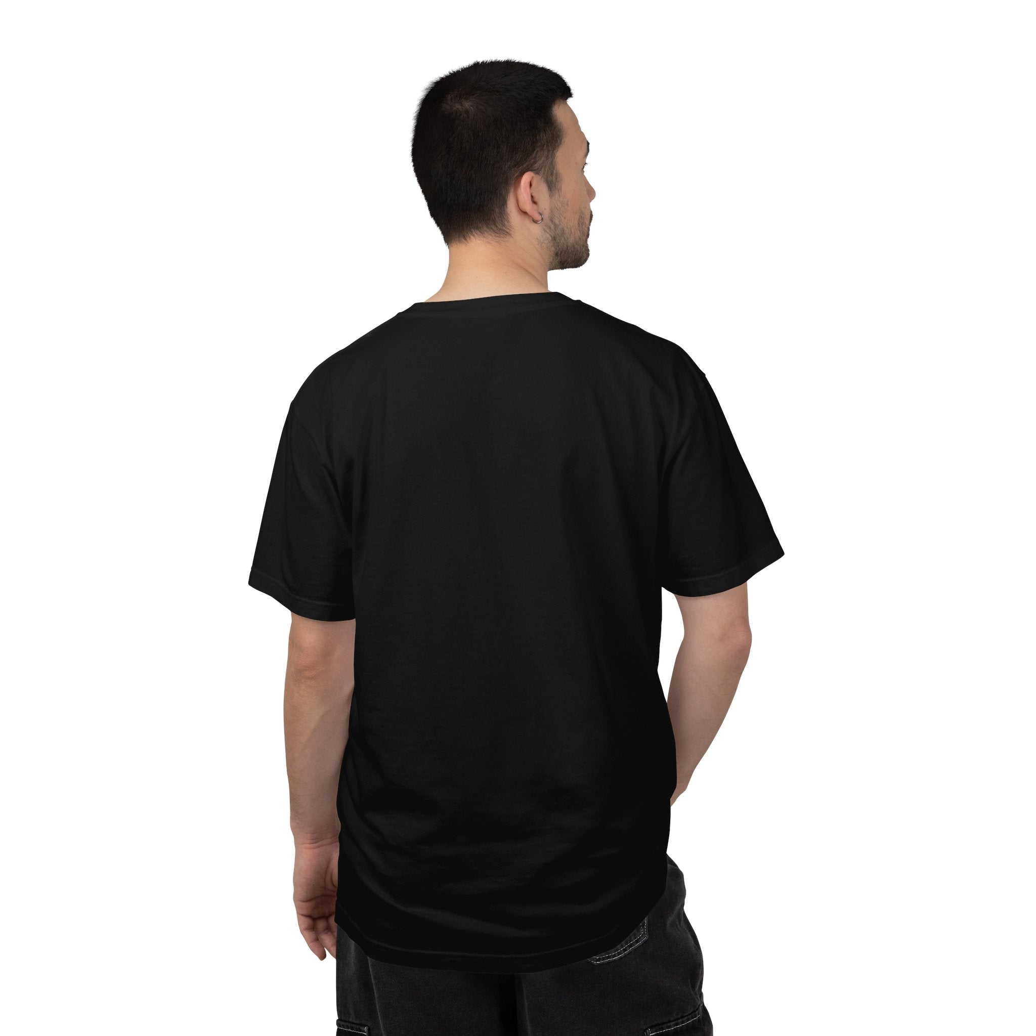 Man wearing a black t-shirt on a white background