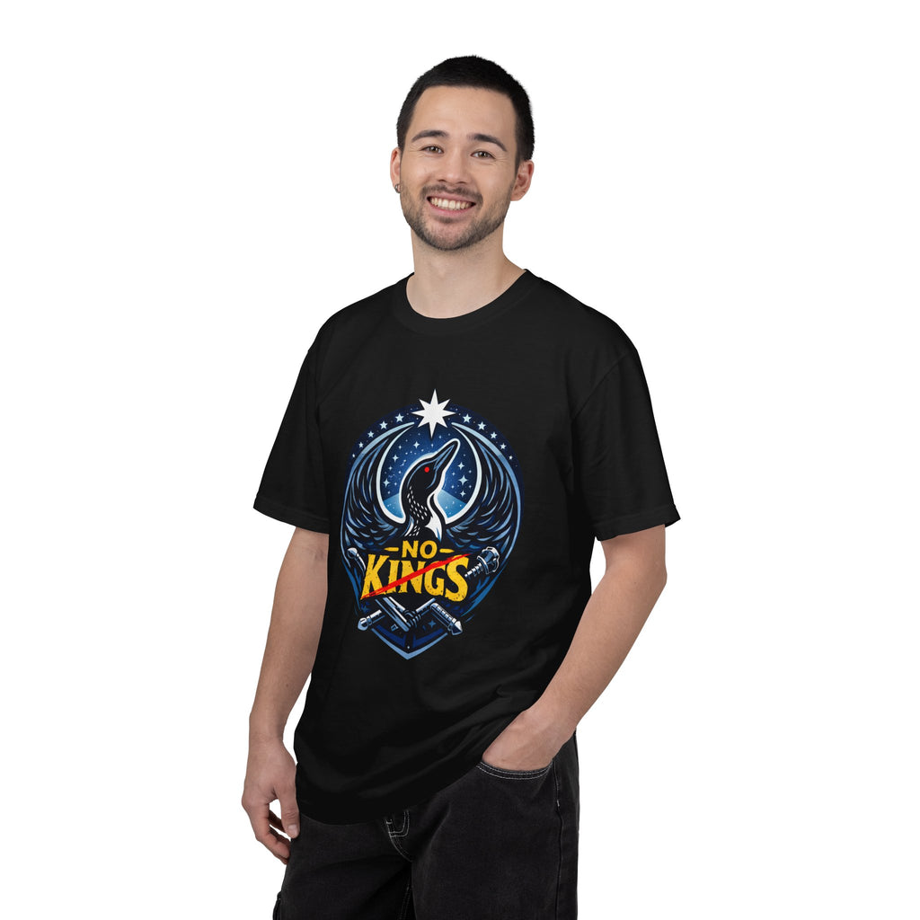 Man wearing a black t-shirt with a graphic design on a white background