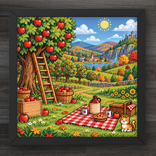 A framed square art print depicting a colorful pixel-art style autumn landscape with an apple tree, picnic blanket, basket, sun, and distant hills. The artwork is shown in a black frame against a dark wood background.