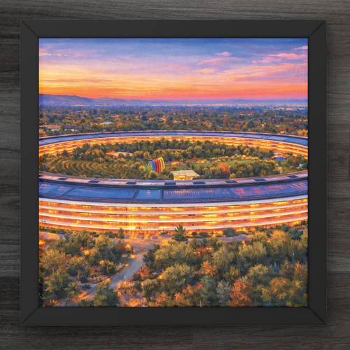 Framed artwork of a futuristic building at sunset with a colorful sky.