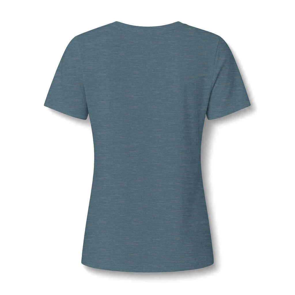 A short-sleeve vneckt-shirt in a heathered slate blue color, shown from the back on a white background with a soft drop shadow.