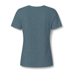 A short-sleeve vneckt-shirt in a heathered slate blue color, shown from the back on a white background with a soft drop shadow.