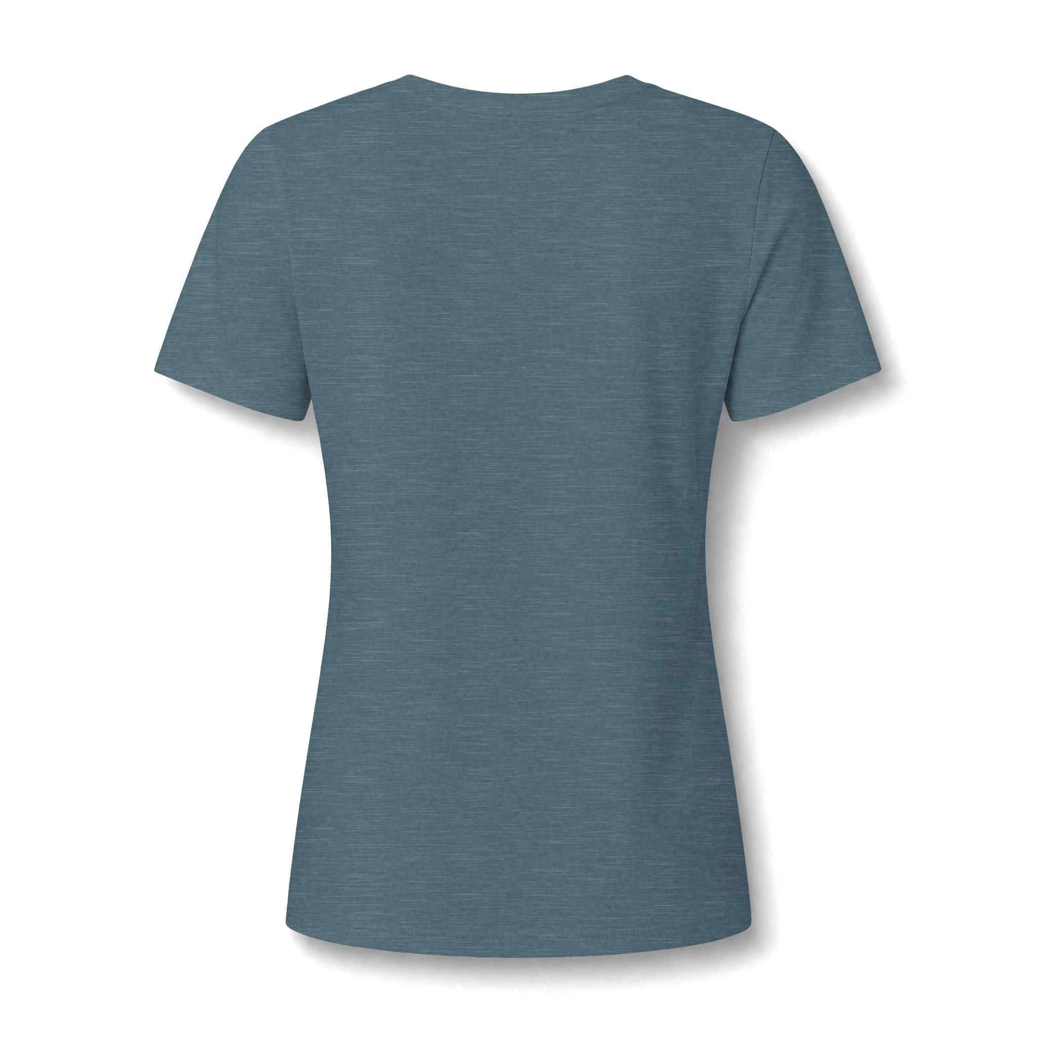 A short-sleeve vneckt-shirt in a heathered slate blue color, shown from the back on a white background with a soft drop shadow.