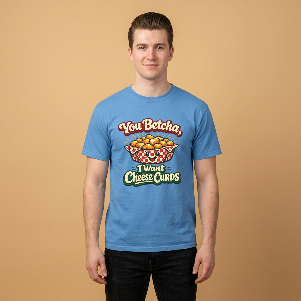 A man wearing a light blue graphic t-shirt with a cartoon cheese curds design and the text 'You Betcha, I Want Cheese Curds', standing against a solid tan background.