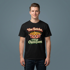 A man wearing a black graphic t-shirt with a retro-style cheese curds illustration and the text 'You Betcha, I Want Cheese Curds' on a solid gray background.