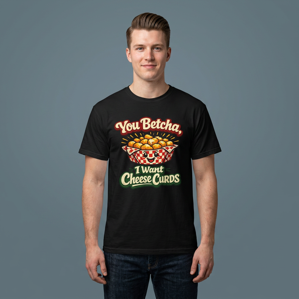 A man wearing a black graphic t-shirt with a retro-style cheese curds illustration and the text 'You Betcha, I Want Cheese Curds' on a solid gray background.