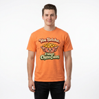 A man wearing a bright orange graphic t-shirt with a cartoon illustration of cheese curds and the text 'You Betcha, I Want Cheese Curds'.