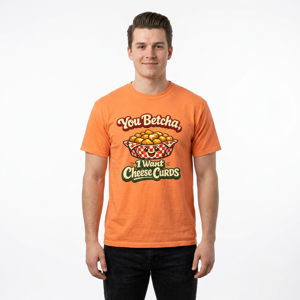 A man wearing a bright orange graphic t-shirt with a cartoon illustration of cheese curds and the text 'You Betcha, I Want Cheese Curds'.