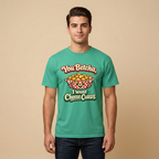 A man wearing a green graphic t-shirt with a retro-style cheese curds illustration and the text 'You Betcha, I Want Cheese Curds'.