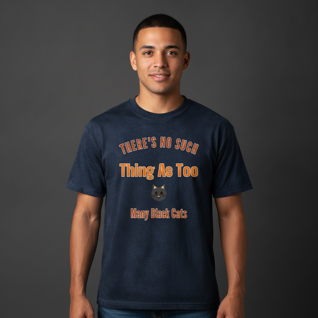A man wearing a navy blue graphic t-shirt with the text 'THERE'S NO SUCH Thing As Too Many Black Cats' in orange and white lettering, featuring a small black cat illustration in the center, against a dark gray studio background.
