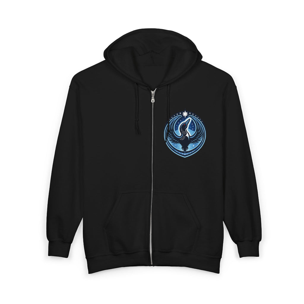 Black hoodie with a blue and white logo on the chest against a white background
