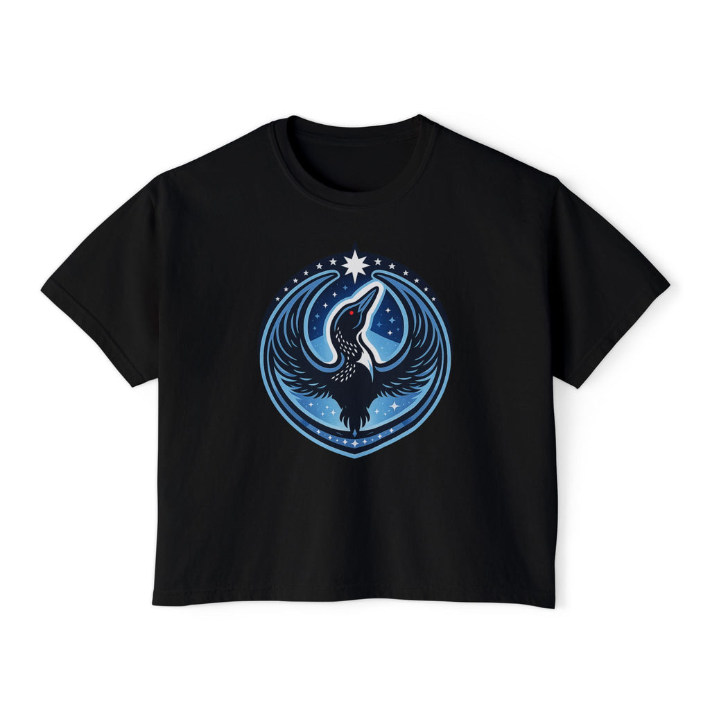 Black t-shirt with a blue and white graphic design on a white background