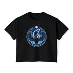 Black t-shirt with a blue and white graphic design on a white background