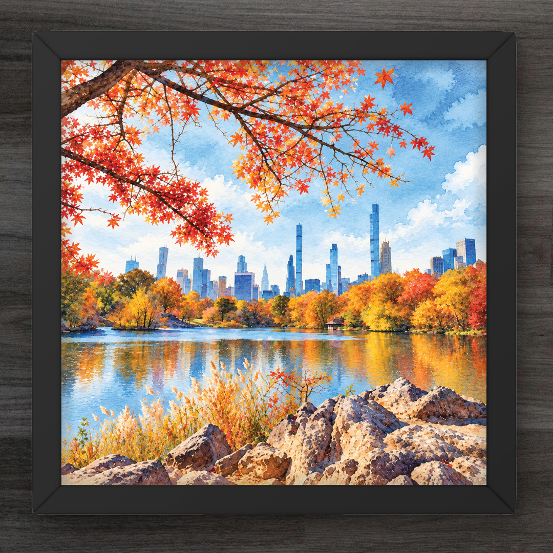 A framed square art print depicting a vibrant autumn city landscape with colorful maple leaves, a reflective lake, and a skyline, displayed on a dark wood background.