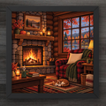 A framed square art print depicting a cozy log cabin living room with a burning fireplace, plaid armchair, window view of autumn trees and water, and a sleeping cat on the floor, shown against a dark wood background.