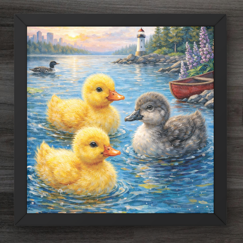 Framed artwork of two yellow ducklings and a gray duckling in water with a lighthouse and boat in the background.