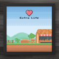 Pixel art style illustration with 'Extra Life' text and heart symbol, framed on a wooden surface.
