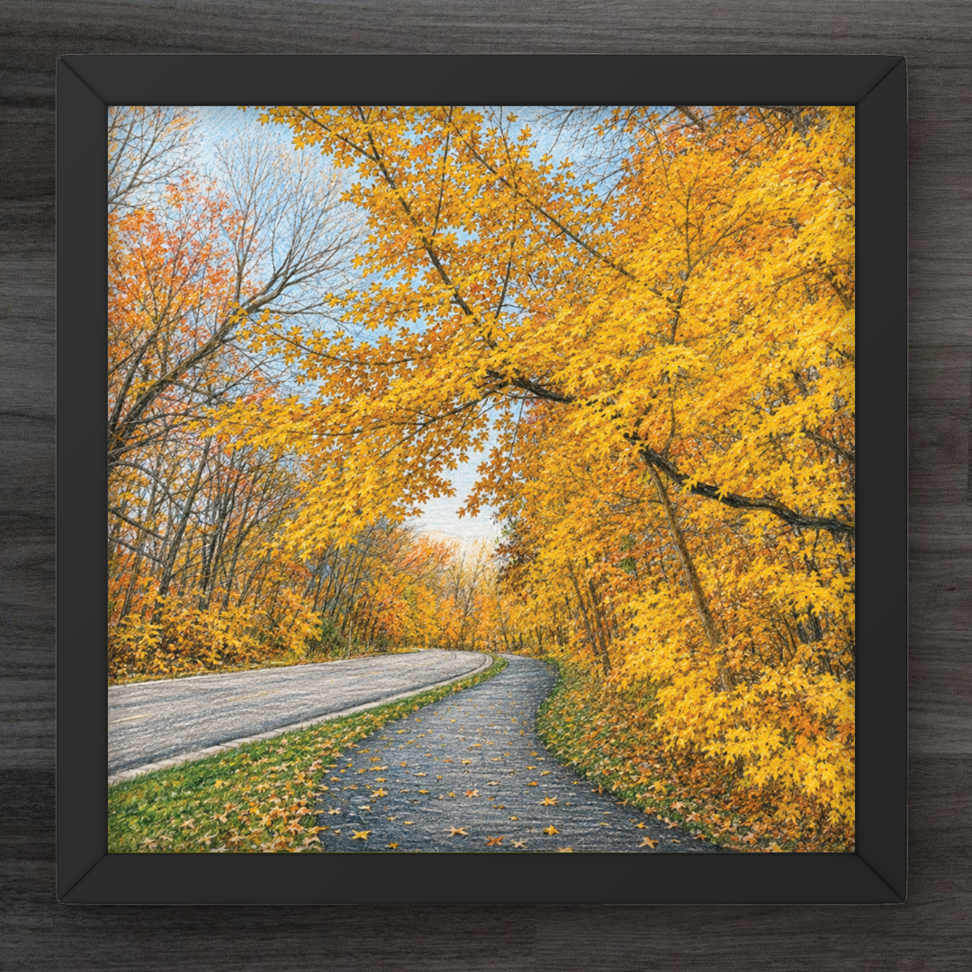 A framed square art print depicting a winding road through a forest of bright yellow autumn trees, shown against a dark wood background.
