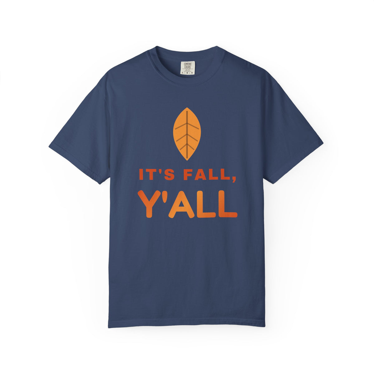 A navy blue short-sleeve t-shirt with a graphic print featuring an orange autumn leaf and the text 'IT'S FALL, Y'ALL' in orange, displayed on a clean white background.