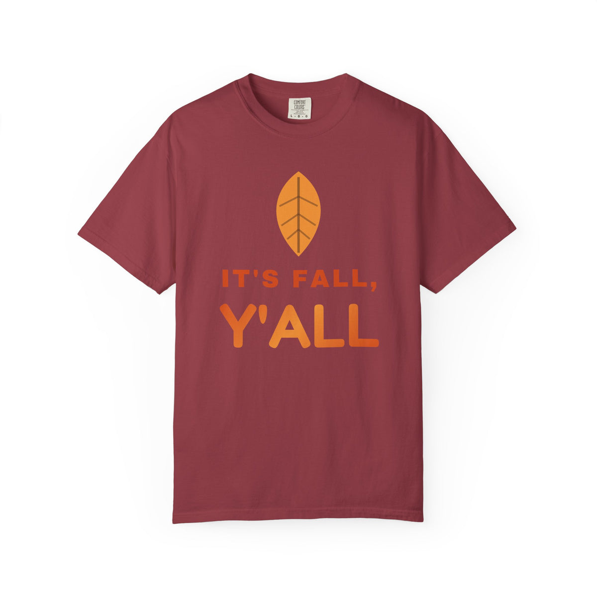 Red shirt that has a leaf and says "It's Fall, Y'all"