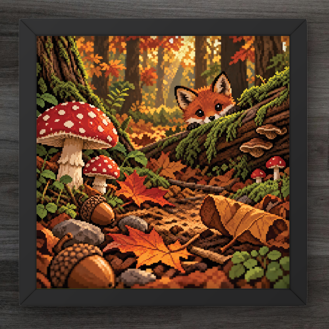 A framed pixel art print depicting a cozy autumn forest scene with a fox peeking from behind a mossy log, red-and-white mushrooms, acorns, and fallen leaves, shown against a dark wood background.
