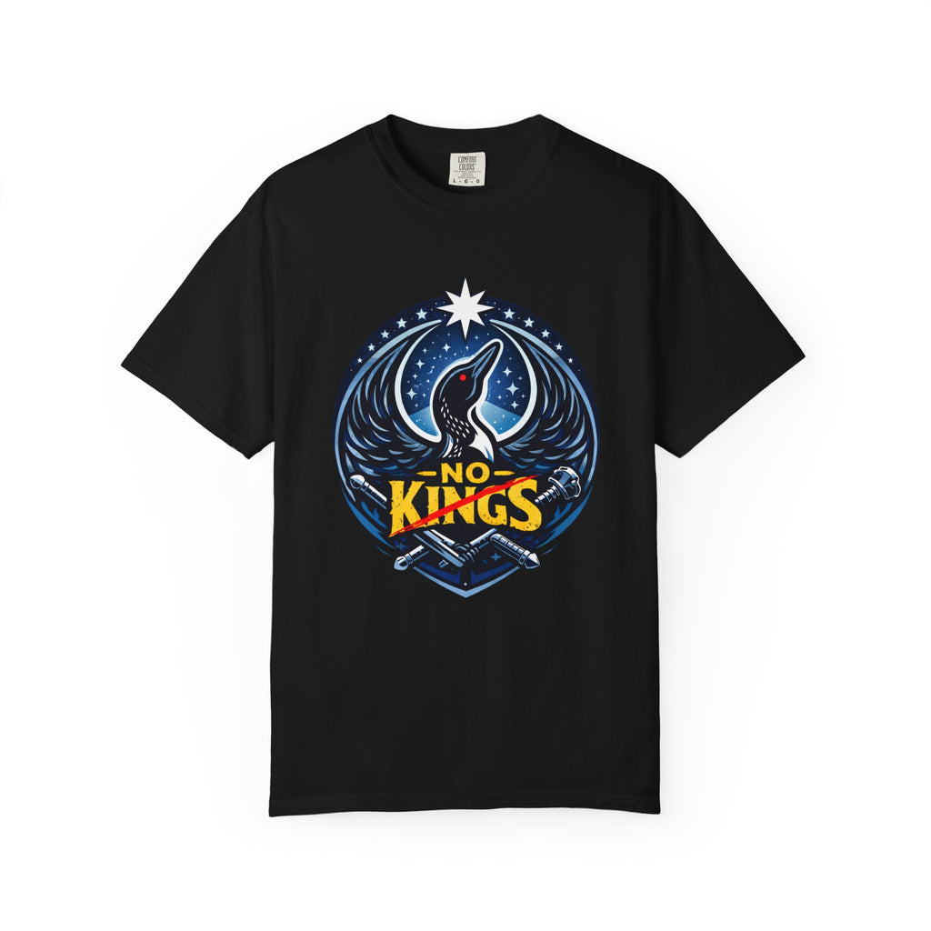 Black t-shirt with text and a Rebel Loon graphic on a white background