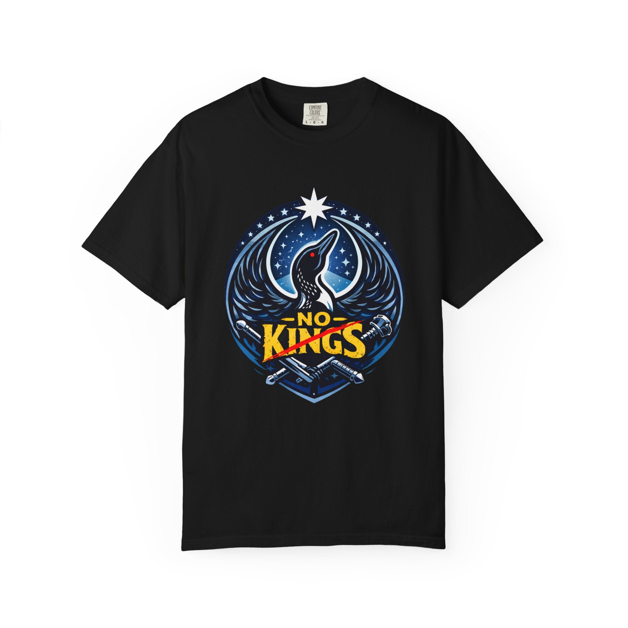 Black t-shirt with text and a Rebel Loon graphic on a white background