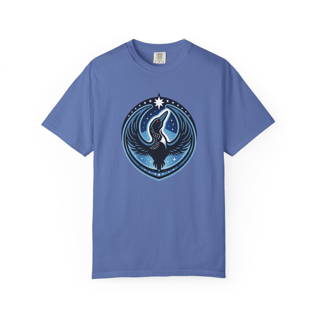 Blue t-shirt with a Rebel Loon logo on the front