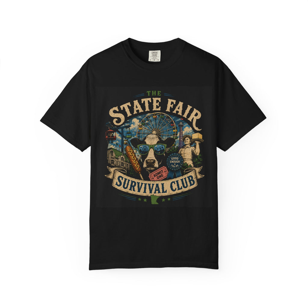 A black short-sleeve crewneck t-shirt featuring a large graphic print on the front with the text 'THE STATE FAIR SURVIVAL CLUB' and an illustration of a cow, a Ferris wheel, and a person holding a block of butter.