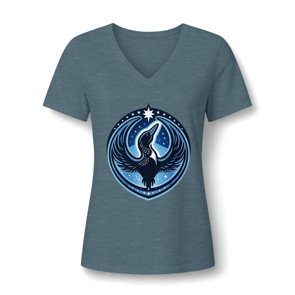 A women's heathered slate blue V-neck t-shirt featuring a circular graphic the rebel loon set against a white background.
