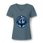 A women's heathered slate blue V-neck t-shirt featuring a circular graphic the rebel loon set against a white background.