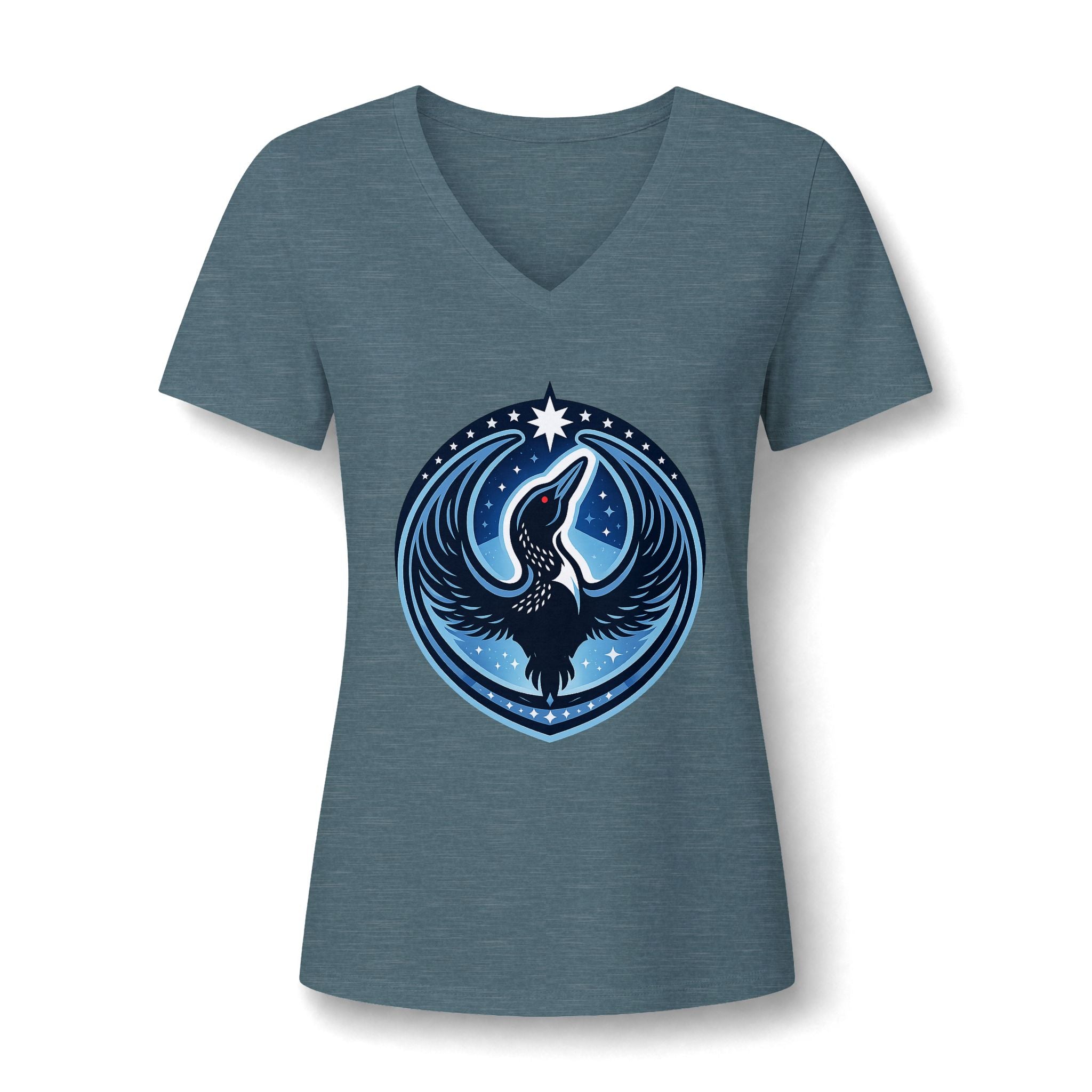 A women's heathered slate blue V-neck t-shirt featuring a circular graphic the rebel loon set against a white background.