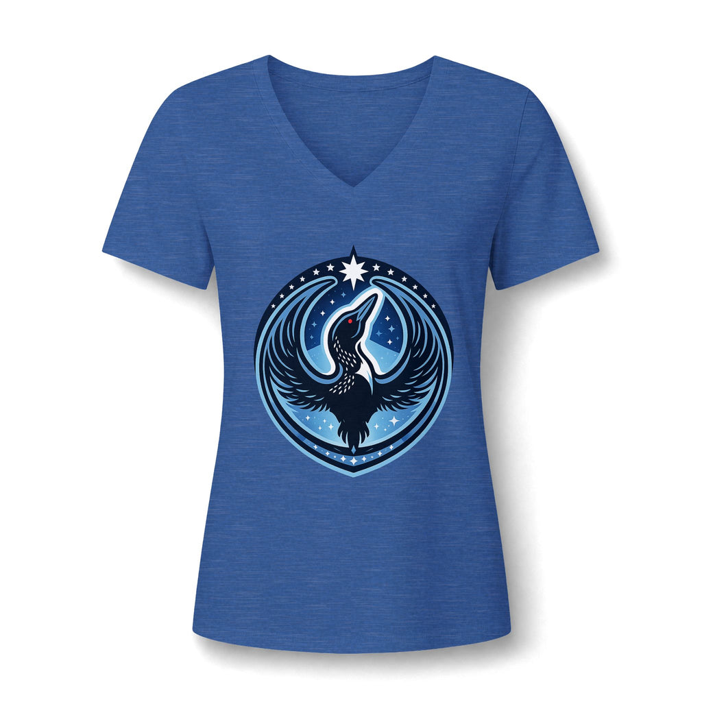 A women's heather blue V-neck t-shirt with a rebel loon graphic on the shirt front.