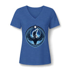 A women's heather blue V-neck t-shirt with a rebel loon graphic on the shirt front.