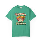 A green short-sleeve t-shirt with a cartoon graphic of cheese curds in a basket and the text 'You Betcha, I Want Cheese Curds' printed on the front, displayed on a clean white background.