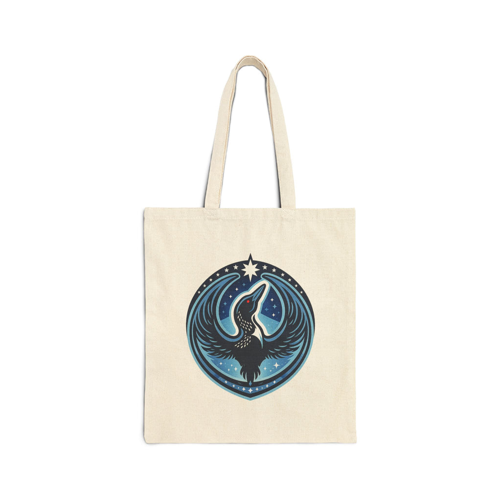 Beige tote bag with Rebel Loon emblem on a white background