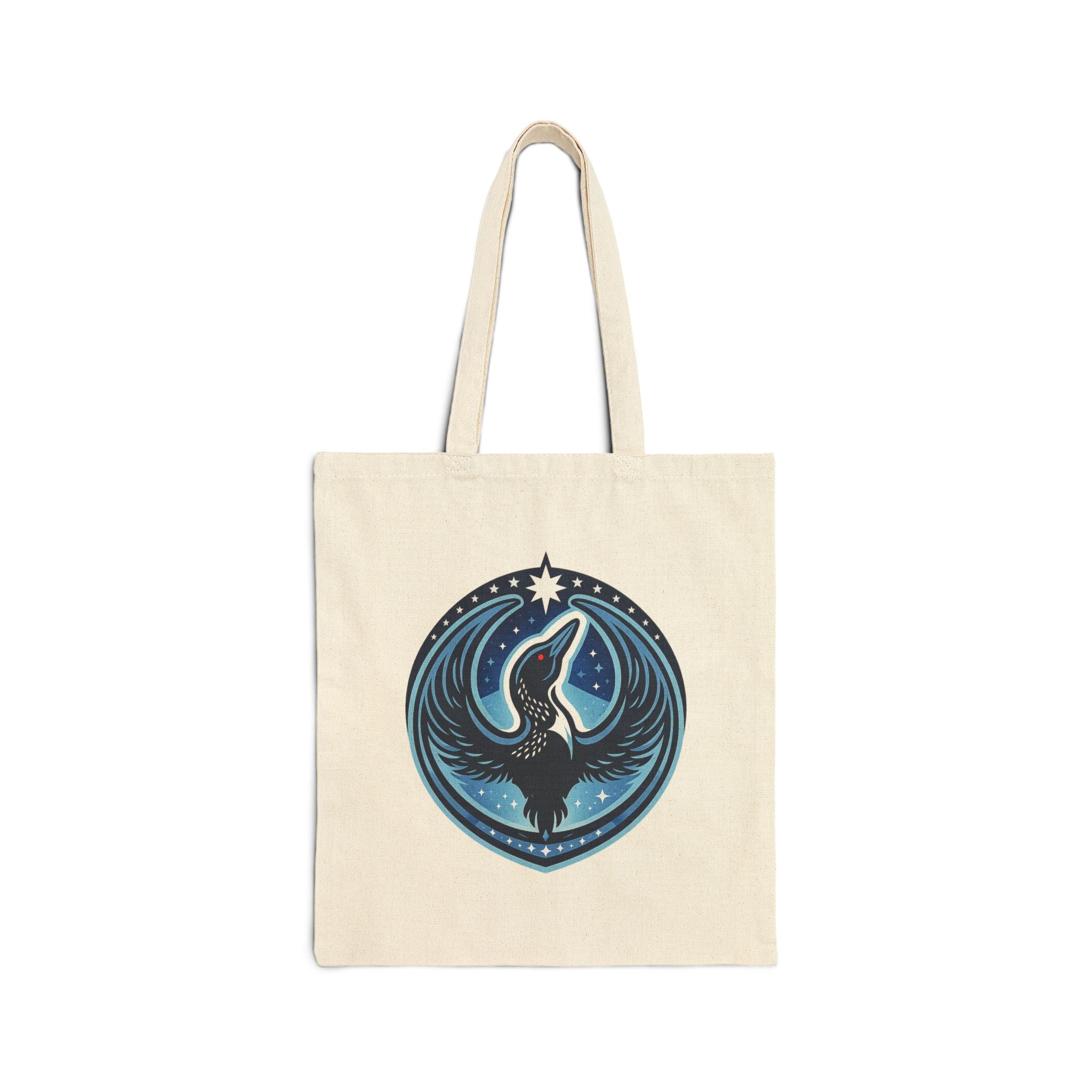 Beige tote bag with Rebel Loon emblem on a white background