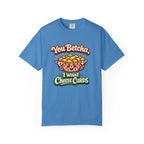 A blue short-sleeve crewneck t-shirt featuring a cartoon graphic of cheese curds in a basket with the text 'You Betcha, I Want Cheese Curds' in red and green lettering.