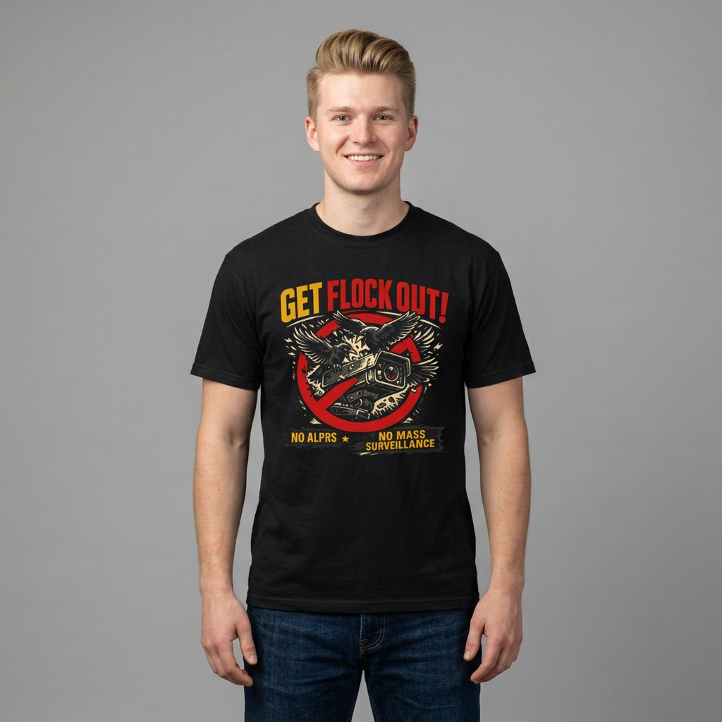 A smiling young man wearing a black graphic t-shirt with a red and yellow 'Get Flock Out!' design, paired with blue jeans, standing against a solid gray studio background.