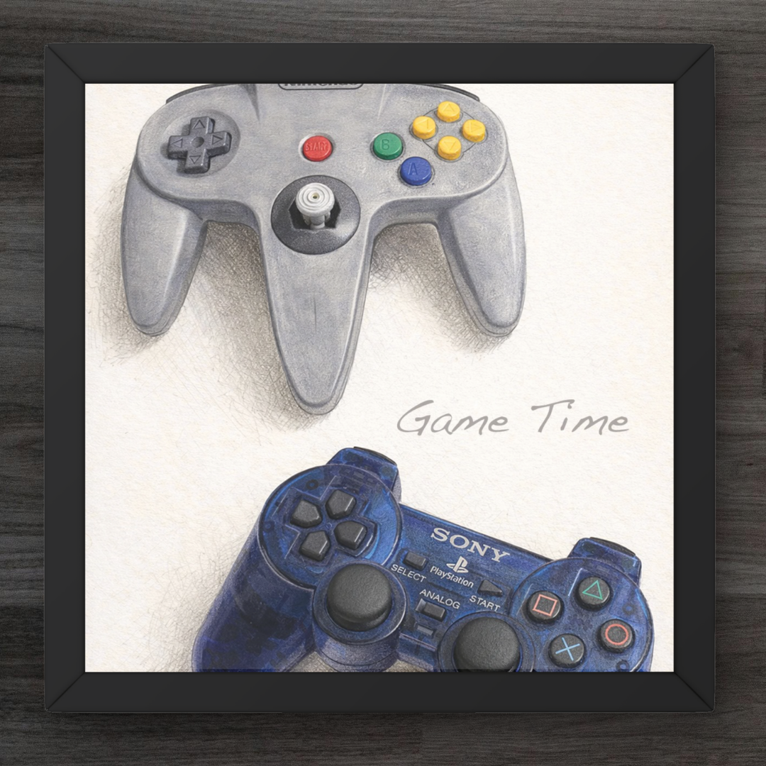 Framed artwork of a Nintendo 64 controller and a Sony PlayStation controller with 'Game Time' text.