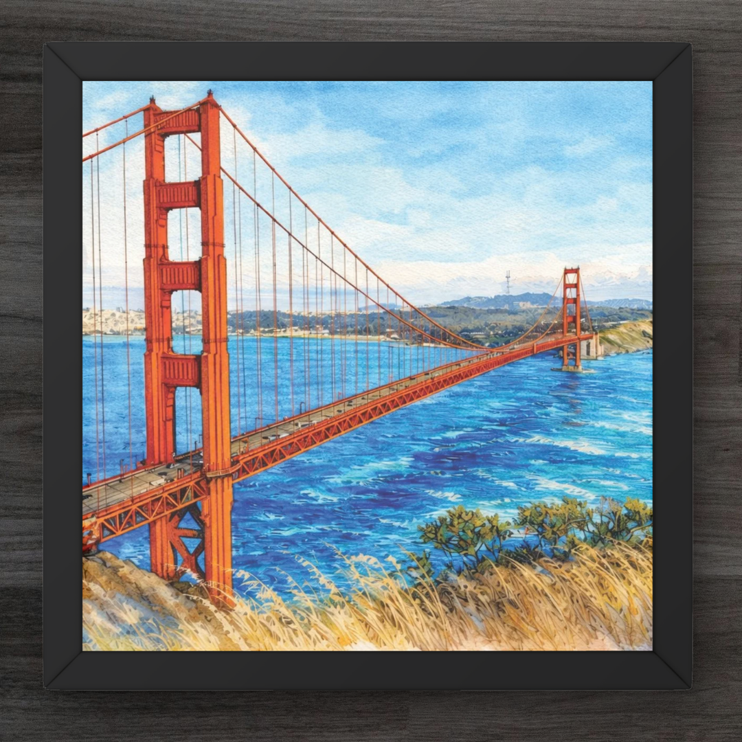 Framed artwork of the Golden Gate Bridge over water with a blue sky.