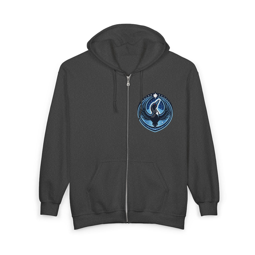 Dark gray hoodie with a blue and white logo on the chest against a white background