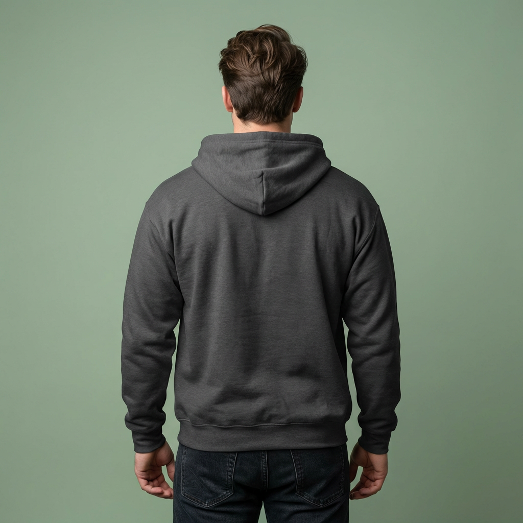 Person wearing a dark gray hoodie from behind on a green background