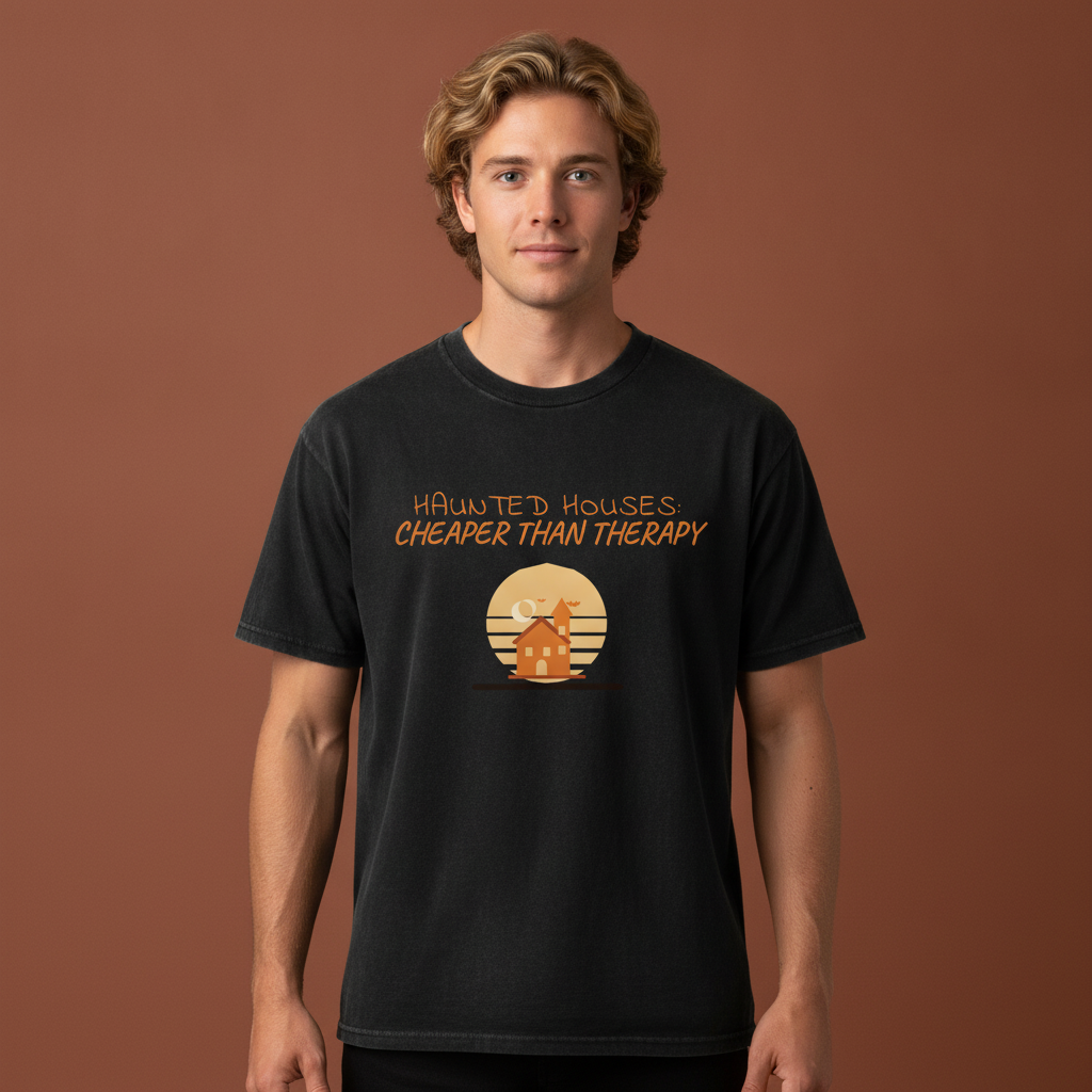 A man wearing a black graphic t-shirt that reads 'Haunted Houses: Cheaper Than Therapy' with a haunted house emblem below on a terracotta studio background.