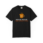 Black t-shirt with a mug and the text "Hocus Pocus I need coffee to focus"