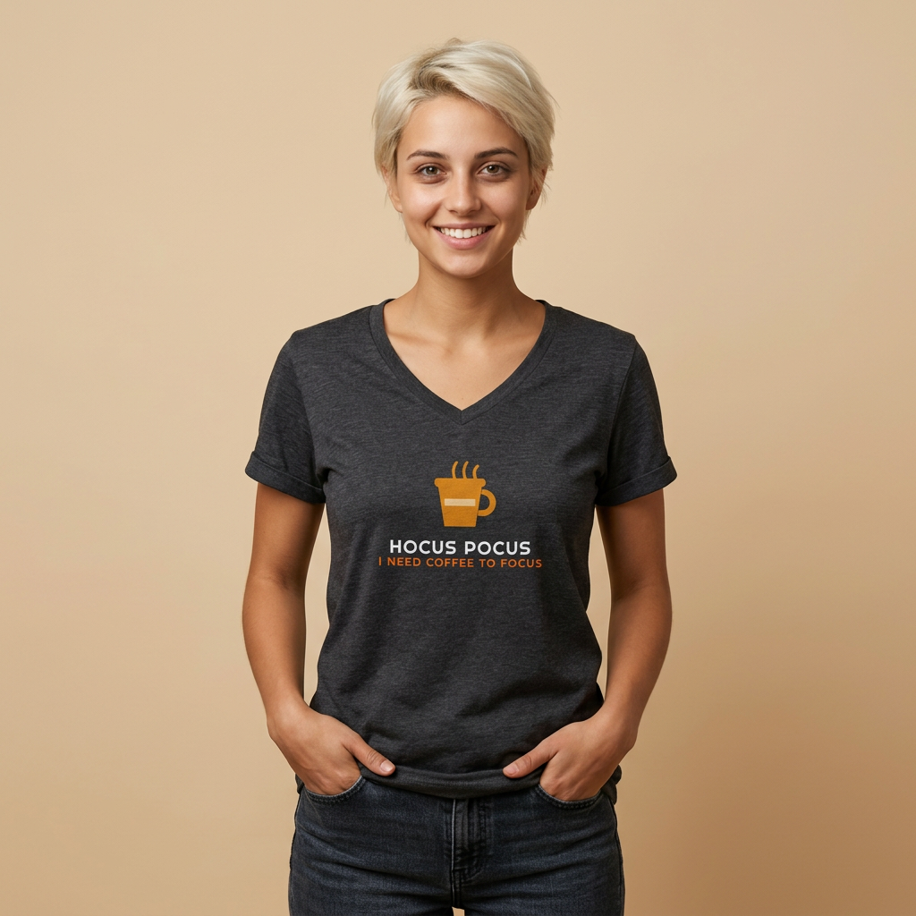 A smiling blonde woman wearing a dark heather gray v-neck t-shirt with a coffee cup graphic and the text 'HOCUS POCUS I NEED COFFEE TO FOCUS' on the front, posed against a solid beige background.