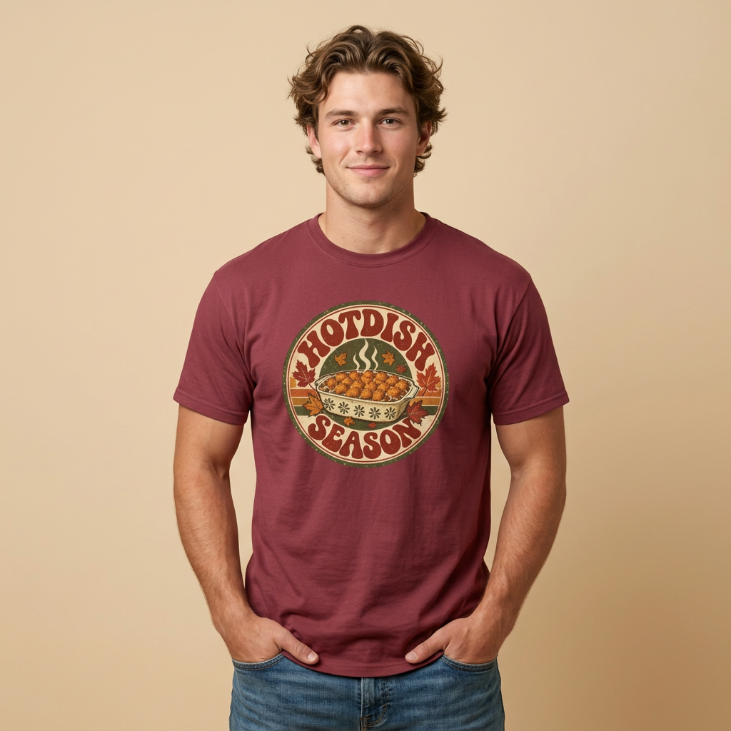A man wearing a maroon crewneck t-shirt with a retro circular graphic that reads 'HOTDISH SEASON' around an image of a hot casserole dish posed against a solid beige background.