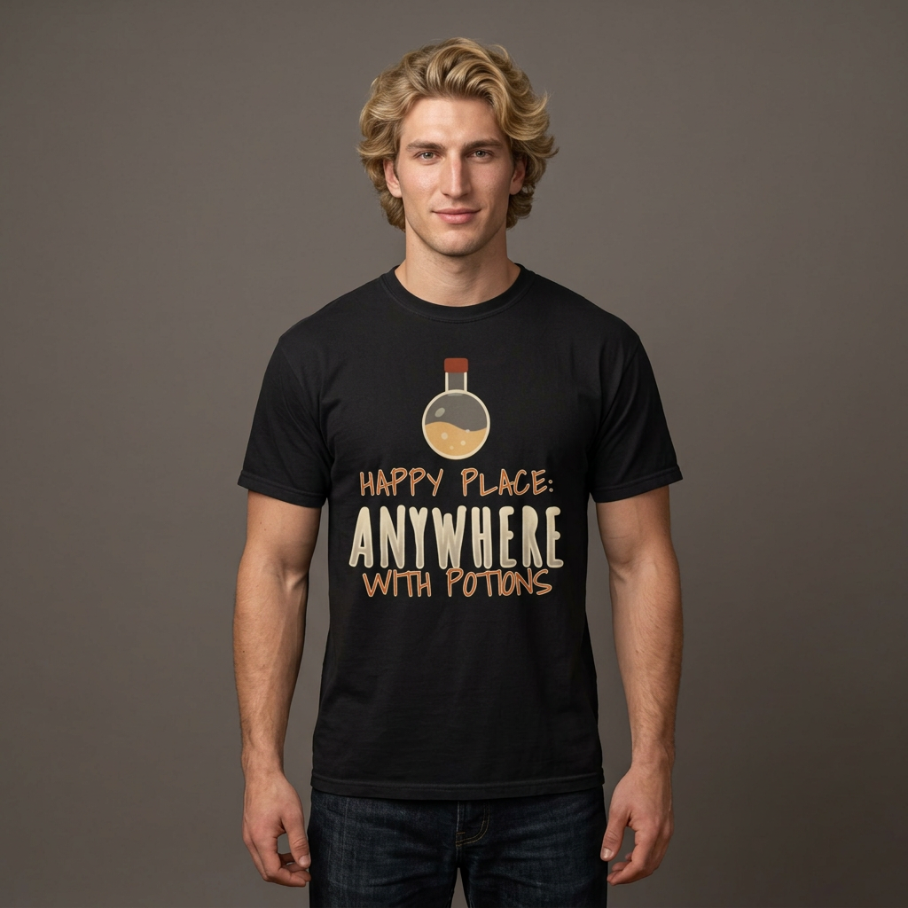 A man wearing a black graphic t-shirt with a potion bottle and the text 'HAPPY PLACE: ANYWHERE WITH POTIONS' printed on the front, set against a solid dark gray background.
