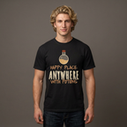 A man wearing a black graphic t-shirt with a potion bottle and the text 'HAPPY PLACE: ANYWHERE WITH POTIONS' printed on the front, set against a solid dark gray background.